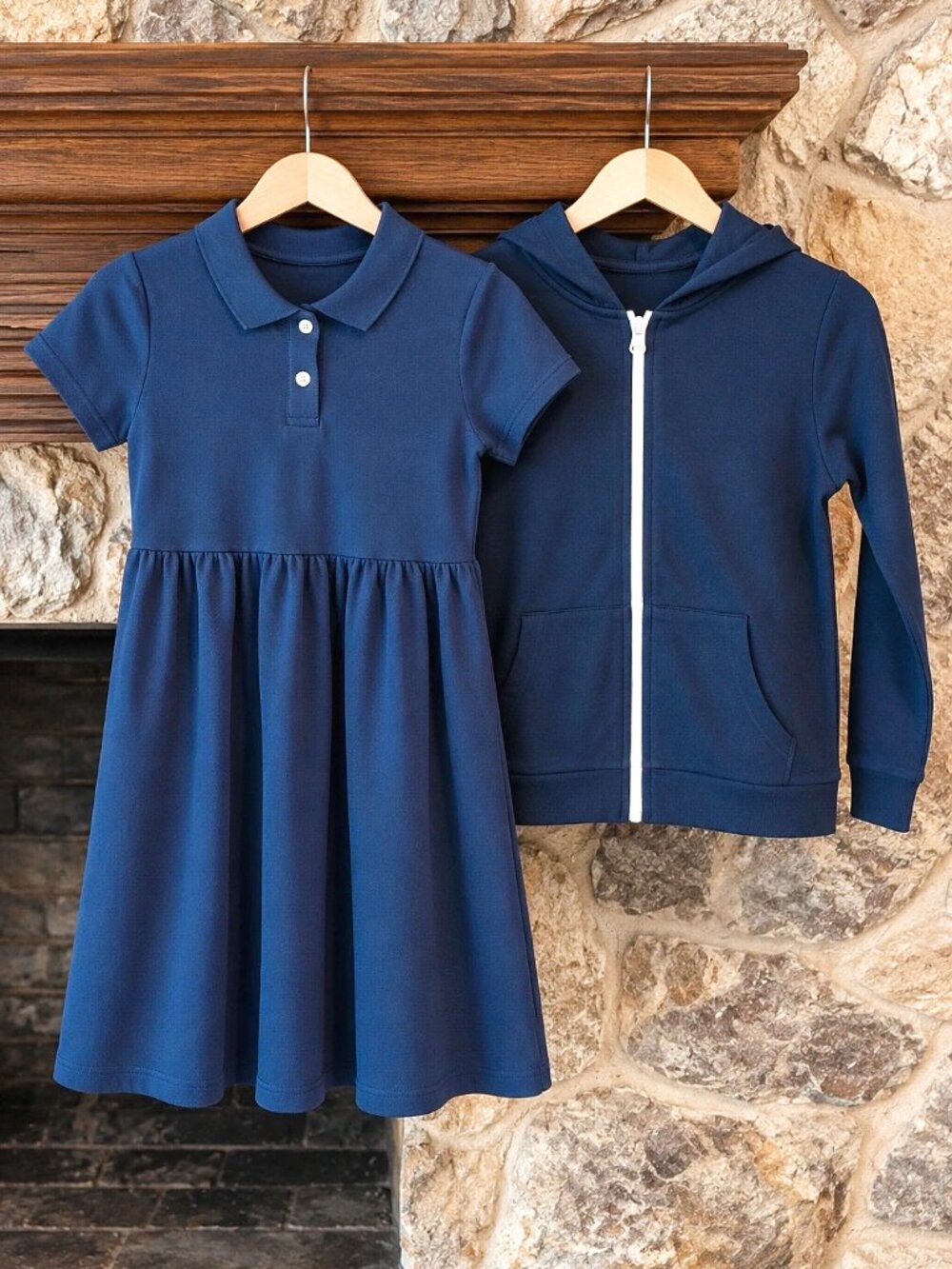Girls Navy Blue School Uniform Polo Dress & Zip-Up Hoodie Bundle